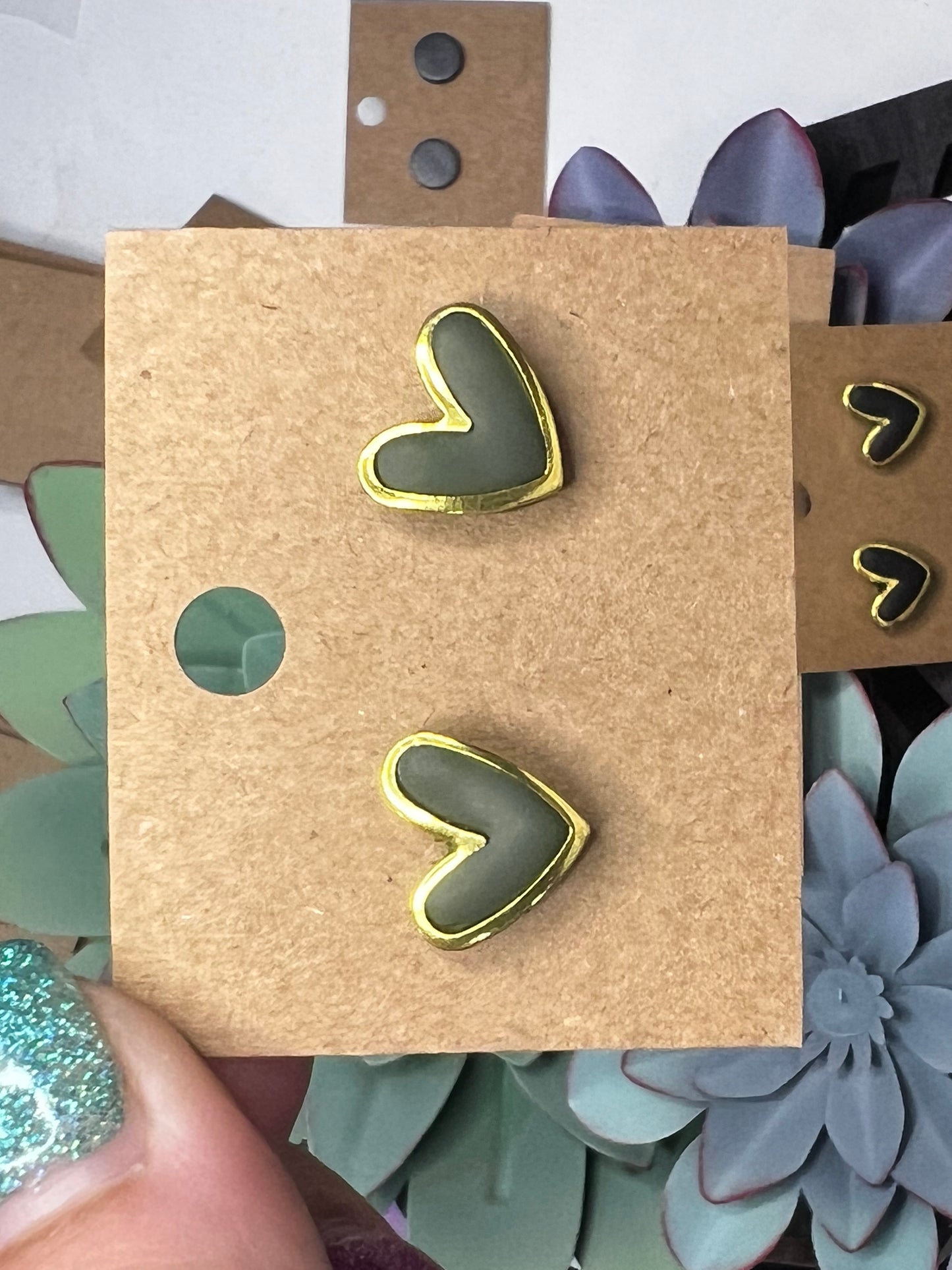 Army Green and gold heart studs